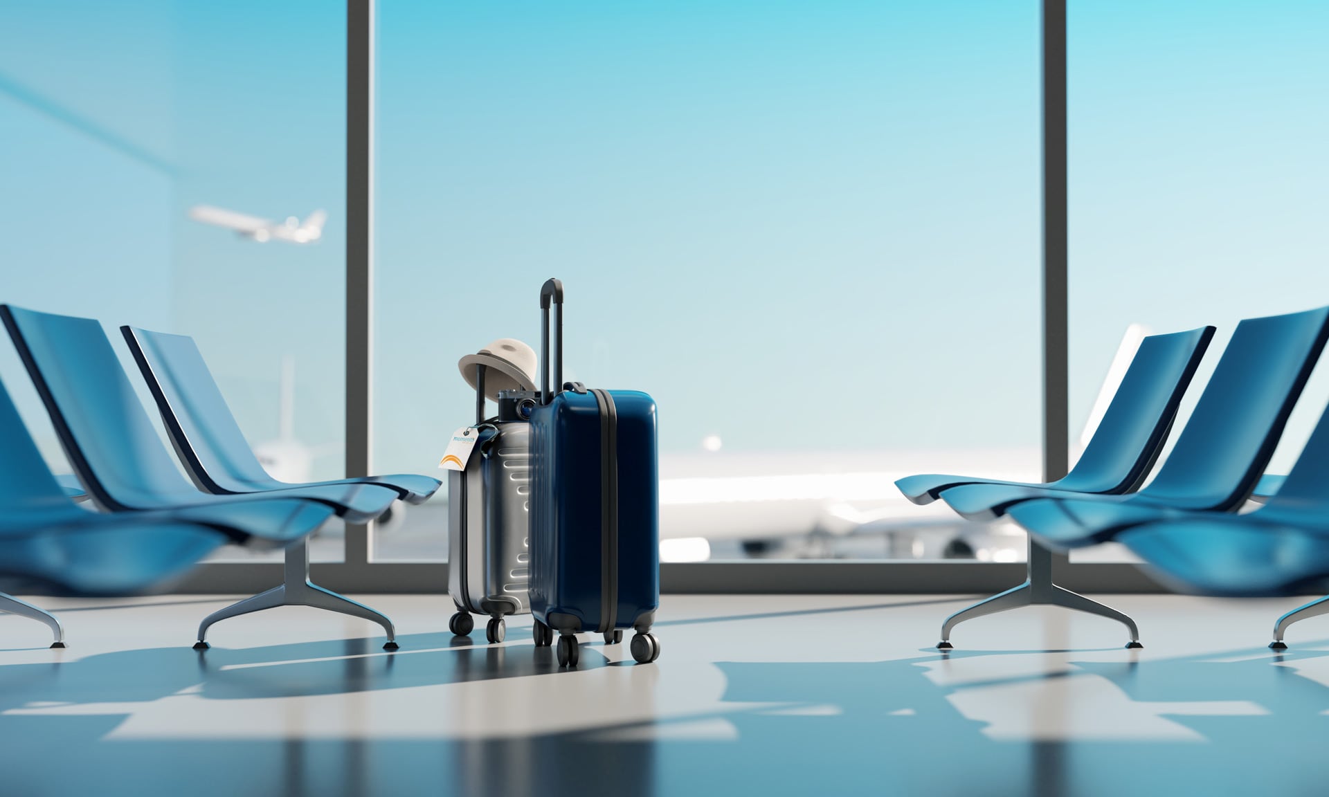 Suitcases in airport. Travel concept. 3d rendering